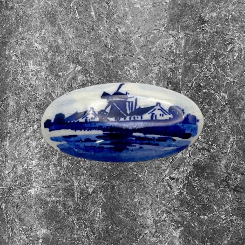 Collectible Vintage Delft Windmill Scene Porcelain Brooch Handcrafted Estate Pc